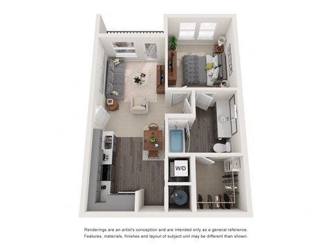a stylized floor plan with a bedroom and living room